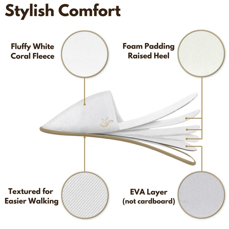 BERGMAN KELLY Spa Slippers, Closed Toe (Medium & Large, 12 Pairs, White + Cocoa Trim), Disposable Indoor Hotel Slippers for Men and Women, Fluffy Coral Fleece, Deluxe Padded Sole for Extra Comfort - Image 4